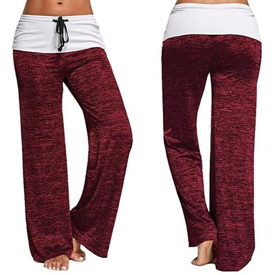 Wide leg maroon lounge pants for women with white fold-over waistband and drawstring