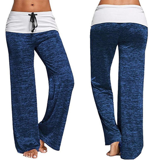 Women's blue wide-leg lounge pants with white fold-over waistband and drawstring tie