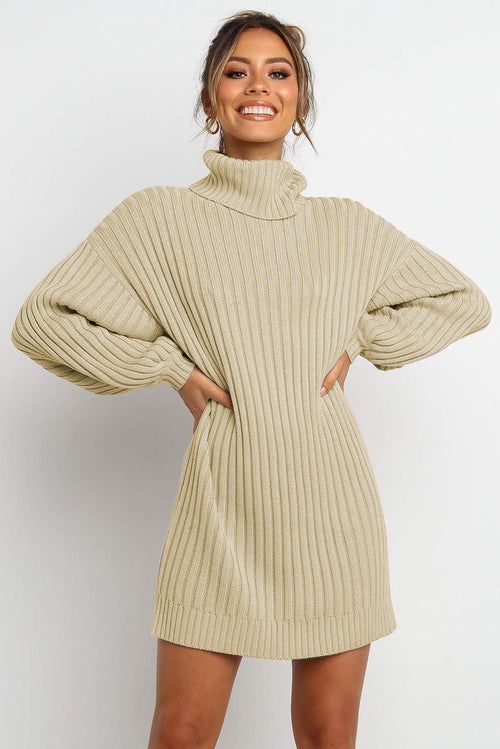 Lavender Pallas apricot turtleneck balloon sleeve sweater dress for women, featuring a cozy knit with stylish balloon sleeves.