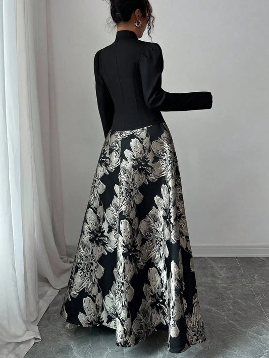 Elegant Black Blazer with Puff Sleeves & Floral A-Line Skirt Set for Women, Office to Evening Wear