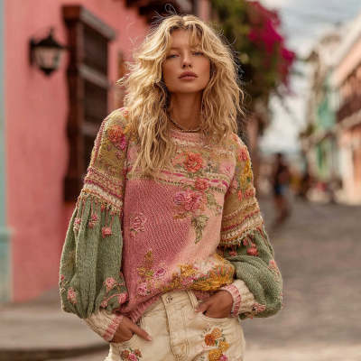 Pink Lucky women's casual 3D-printed loose crew-neck pullover, stylish and comfortable for trendy everyday wear.