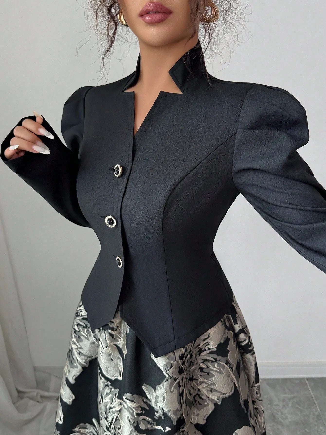Elegant Black Blazer with Puff Sleeves & Floral A-Line Skirt Set for Women, Office to Evening Wear