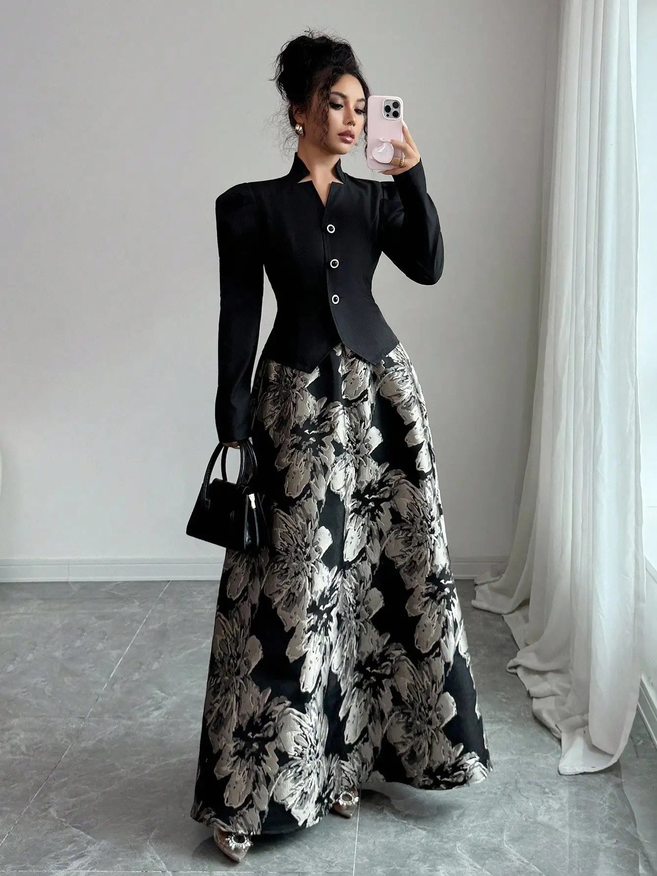 Elegant Black Blazer with Puff Sleeves & Floral A-Line Skirt Set for Women, Office to Evening Wear