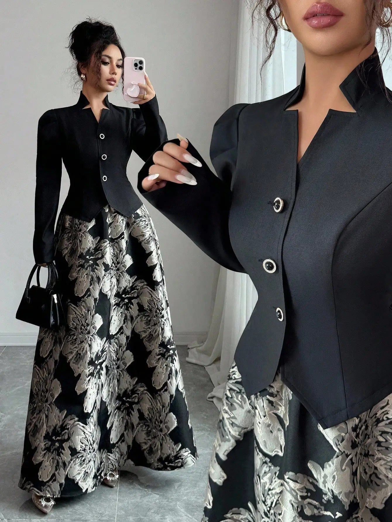 Elegant Black Blazer with Puff Sleeves & Floral A-Line Skirt Set for Women, Office to Evening Wear
